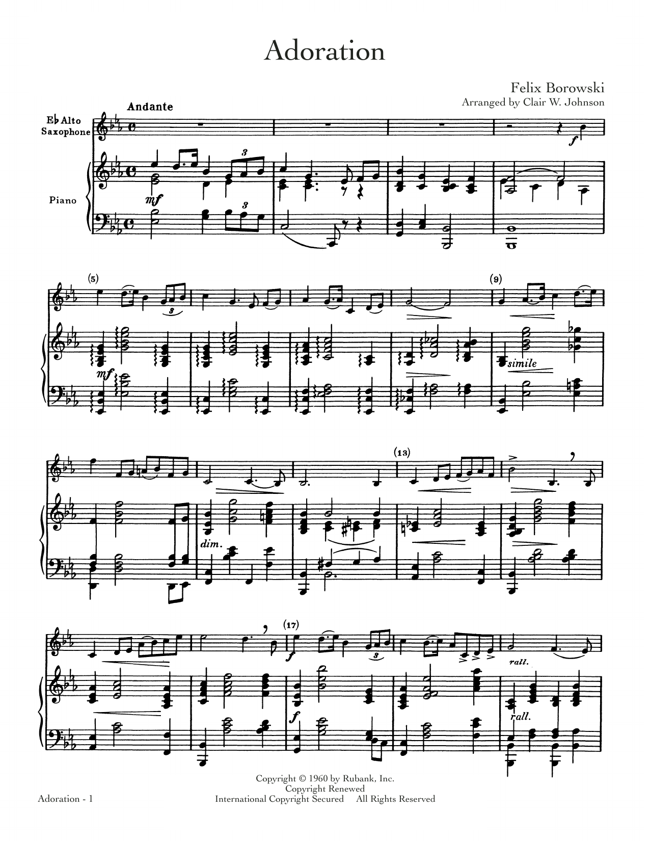 Felix Borowski Adoration sheet music, chords, lyrics - Printable PDF for Alto Sax and Piano