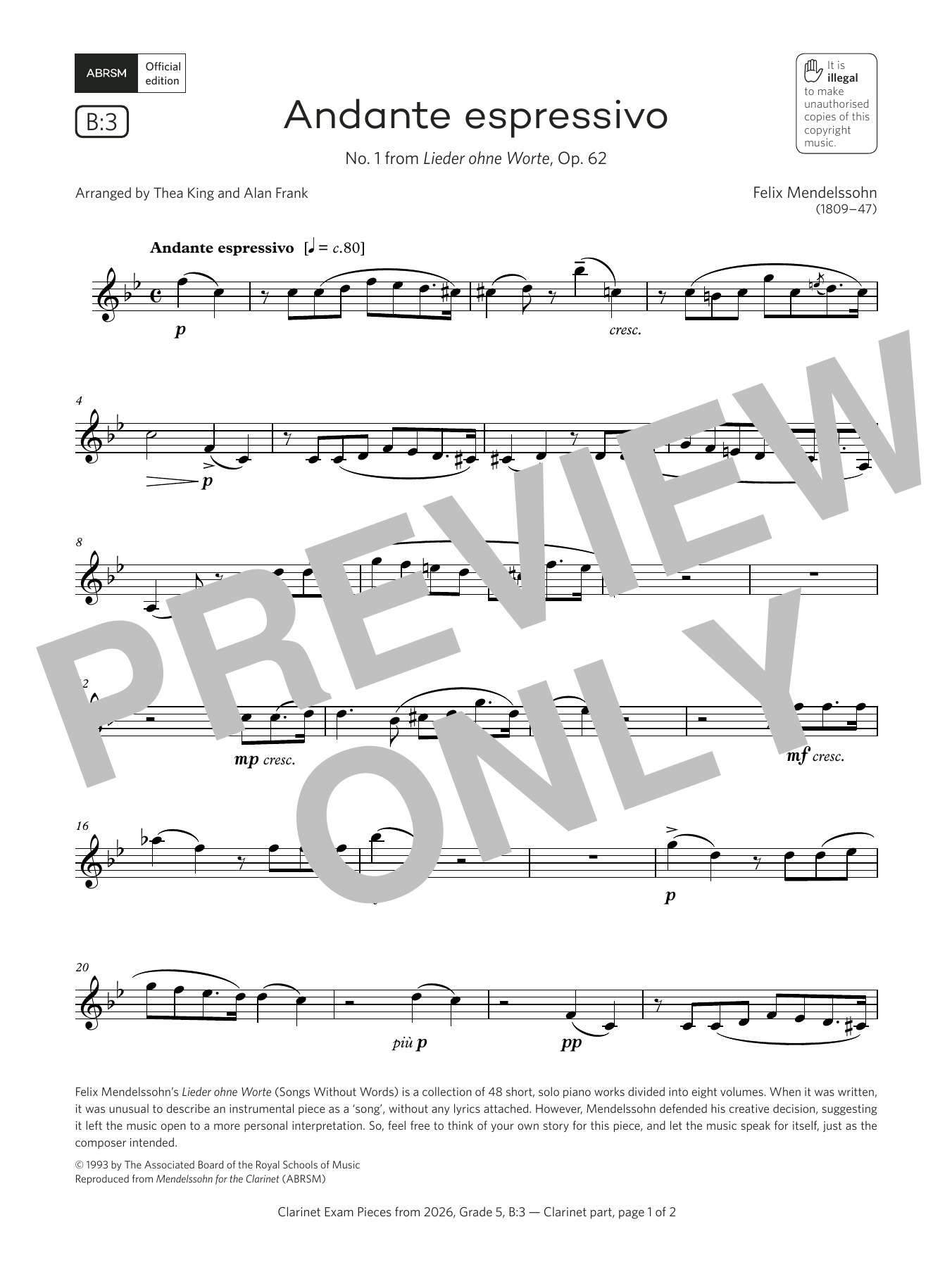 Felix Mendelssohn Andante espressivo (Grade 5, list B3, from the ABRSM Clarinet Syllabus from 2026) sheet music, chords, lyrics - Printable PDF for Clarinet Solo
