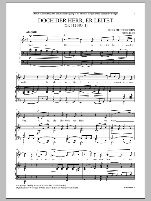 Felix Mendelssohn Doch Der Herr, Er Leitet, Op. 112, No. 1 sheet music, chords, lyrics - Printable PDF for Piano & Vocal