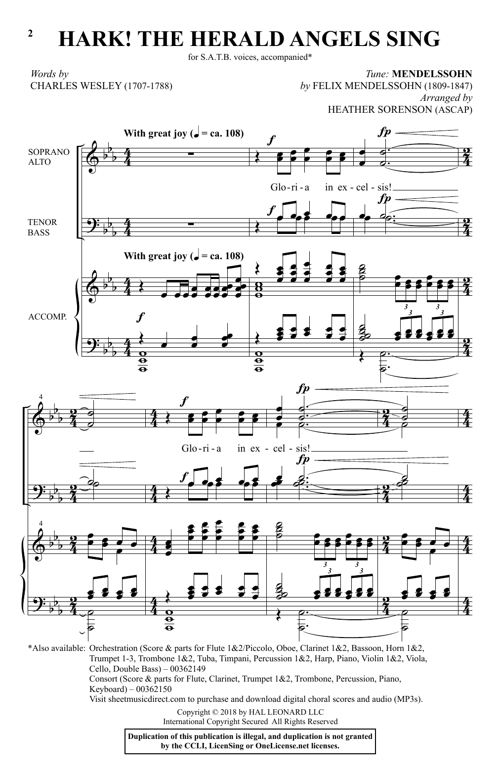 Felix Mendelssohn Hark! The Herald Angels Sing (arr. Heather Sorenson) sheet music, chords, lyrics - Printable PDF for SATB Choir