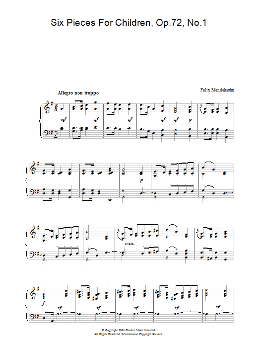 Felix Mendelssohn Six Pieces For Children, Op.72, No.1 sheet music, chords, lyrics - Printable PDF for Piano