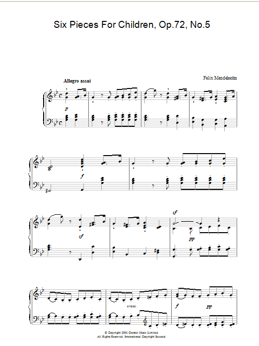 Felix Mendelssohn Six Pieces For Children, Op.72, No.5 sheet music, chords, lyrics - Printable PDF for Piano