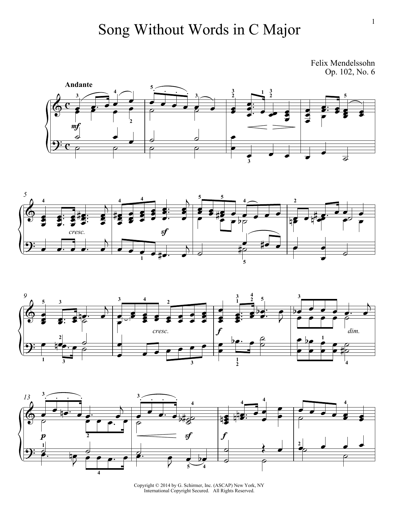 Felix Mendelssohn Song Without Words In C Major, Op. 102, No. 6 sheet music, chords, lyrics - Printable PDF for Piano