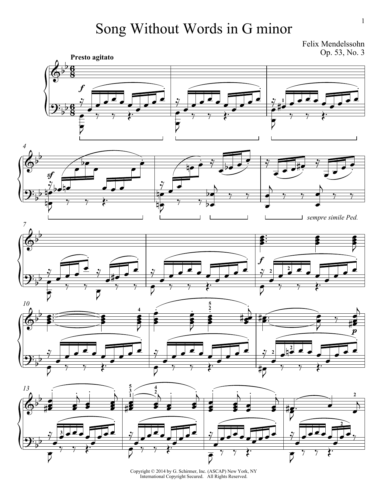 Felix Mendelssohn Song Without Words In G Minor, Op. 53, No. 3 sheet music, chords, lyrics - Printable PDF for Piano