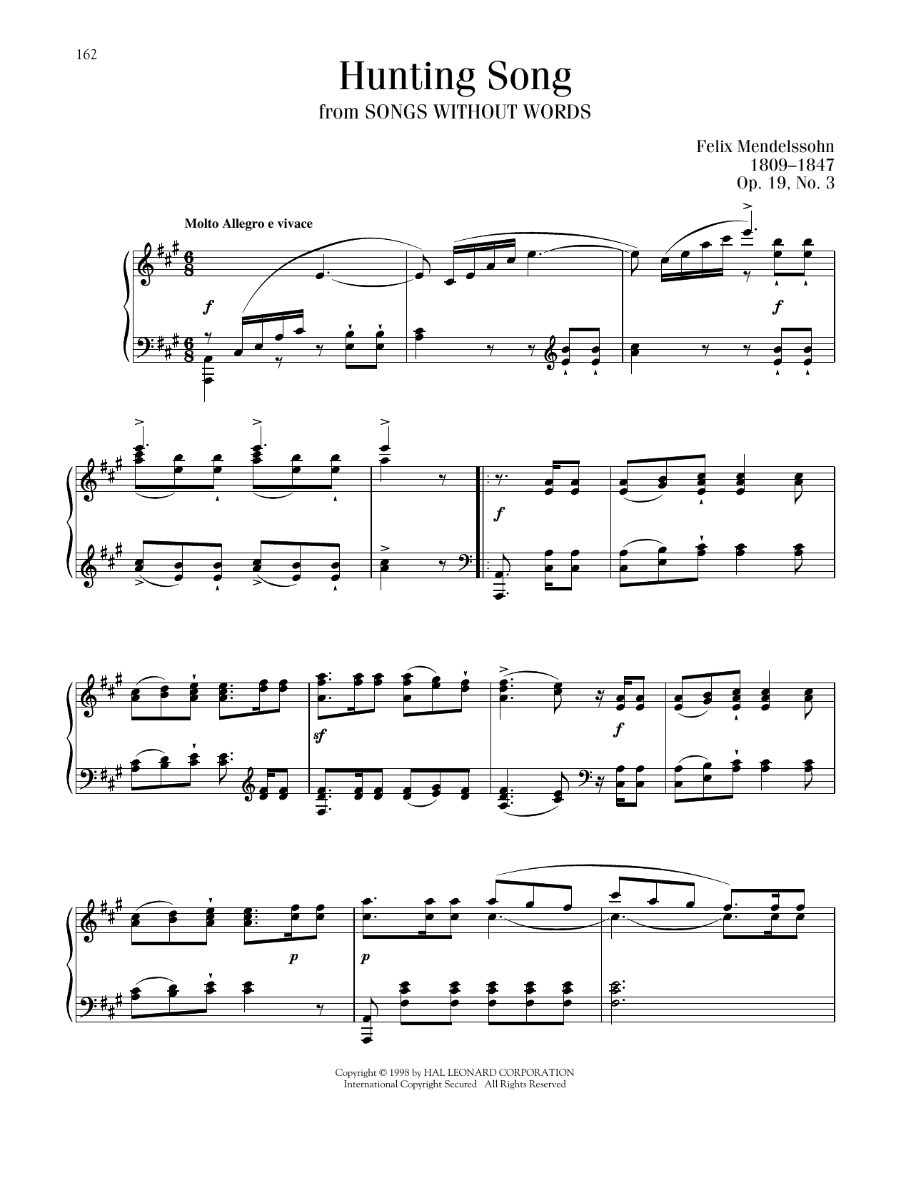Felix Mendelssohn Song Without Words, Op. 19, No. 3 sheet music, chords, lyrics - Printable PDF for Piano Solo