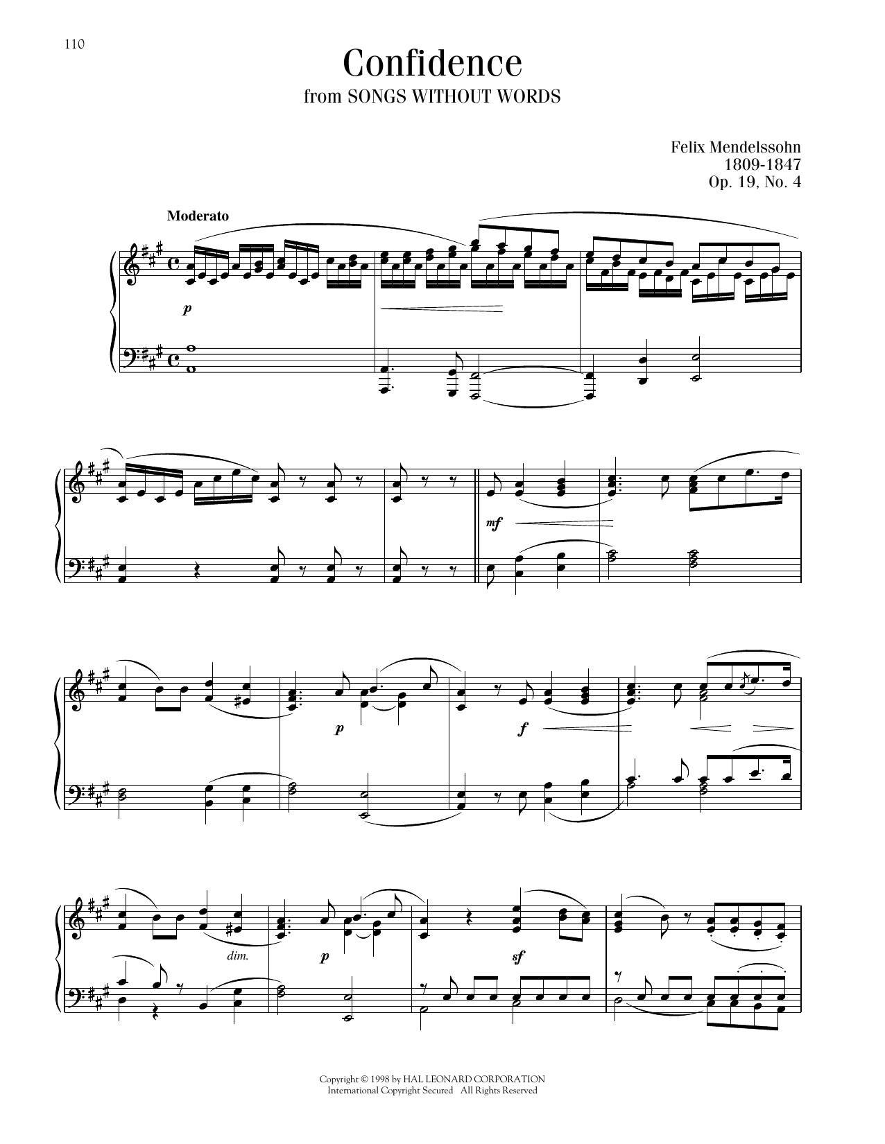 Felix Mendelssohn Song Without Words, Op. 19, No. 4 sheet music, chords, lyrics - Printable PDF for Piano Solo