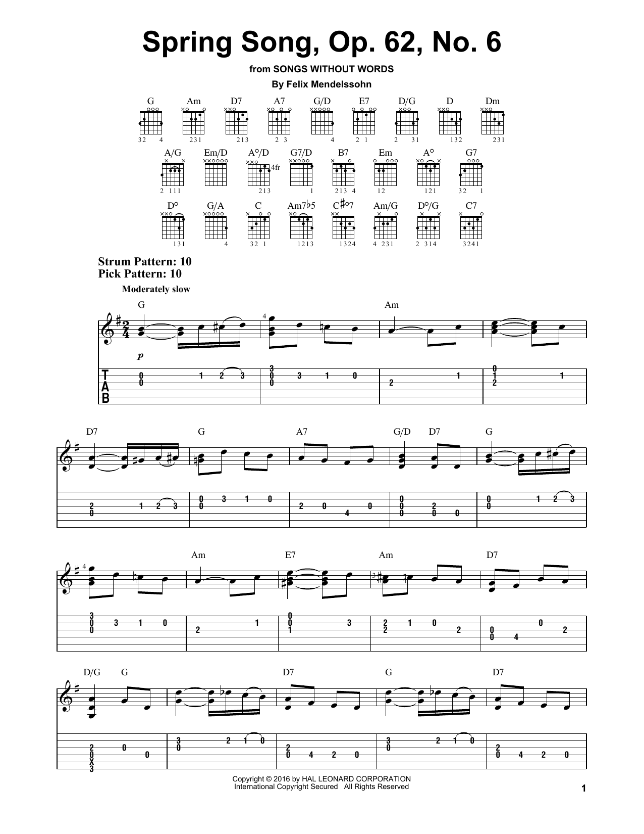 Felix Mendelssohn Spring Song, Op. 62, No. 6 sheet music, chords, lyrics - Printable PDF for Easy Guitar Tab