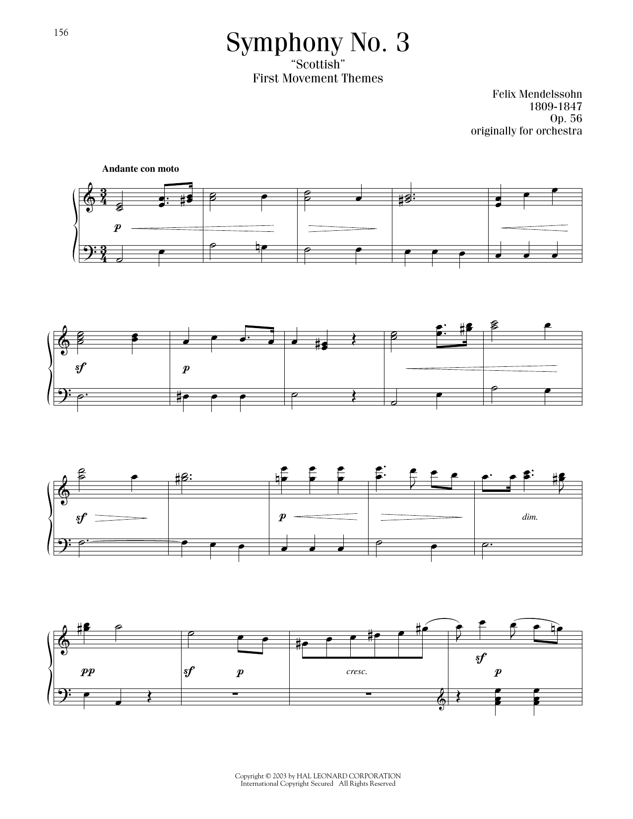 Felix Mendelssohn Symphony No.3 'The Scottish (1st Movement: Introduction & Allegro) sheet music, chords, lyrics - Printable PDF for Piano Solo