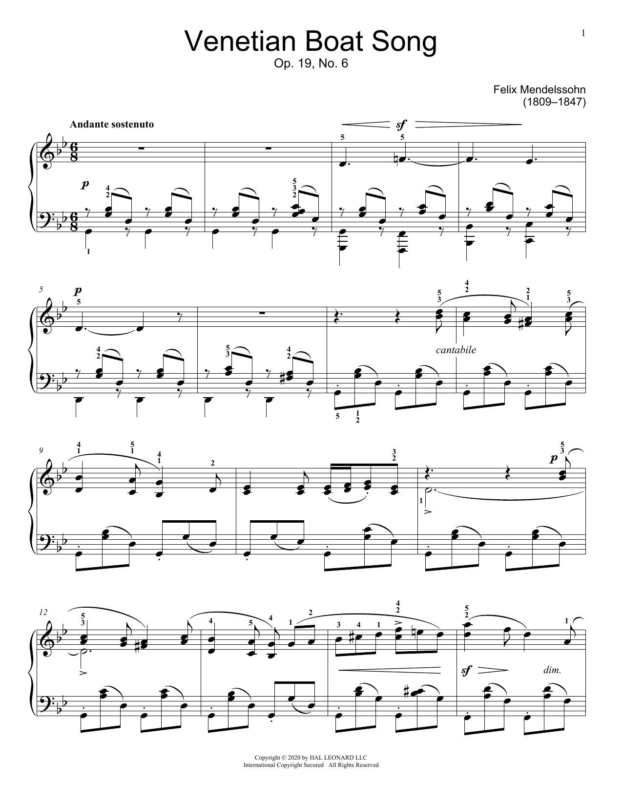 Felix Mendelssohn Venetian Boat Song, Op. 19, No. 6 sheet music, chords, lyrics - Printable PDF for Educational Piano
