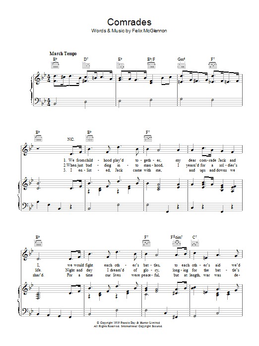 Learn to play Felix McGlennon Comrades sheet music for Piano, Vocal & Guitar (Right-Hand Melody) in minutes. Felix McGlennon Comrades sheet music preview music notes and score for Piano, Vocal & Guitar (Right-Hand Melody) including 4 page(s)