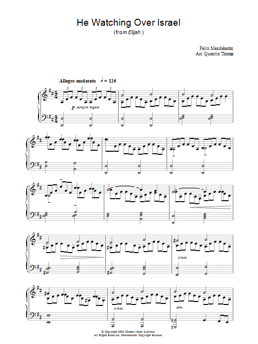 Learn to play Felix Mendelssohn He Watching Over Israel (from Elijah) sheet music for Piano in minutes. Felix Mendelssohn He Watching Over Israel (from Elijah) sheet music preview music notes and score for Piano including 4 page(s)
