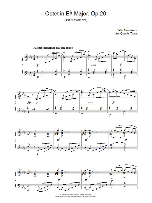 Learn to play Felix Mendelssohn Octet in E Flat Major, Op.20 sheet music for Piano in minutes. Felix Mendelssohn Octet in E Flat Major, Op.20 sheet music preview music notes and score for Piano including 4 page(s)