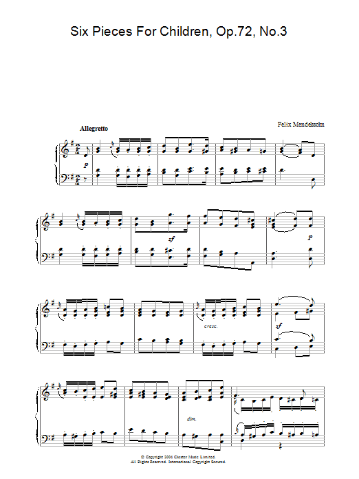 Learn to play Felix Mendelssohn Six Pieces For Children, Op.72, No.3 sheet music for Piano in minutes. Felix Mendelssohn Six Pieces For Children, Op.72, No.3 sheet music preview music notes and score for Piano including 2 page(s)