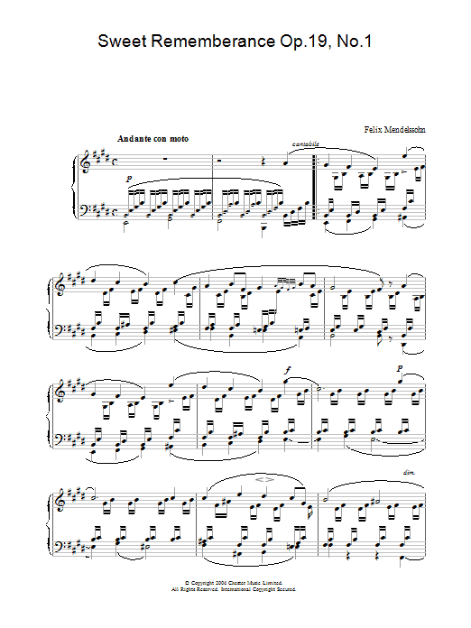 Learn to play Felix Mendelssohn Sweet Rememberance Op.19, No.1 sheet music for Piano in minutes. Felix Mendelssohn Sweet Rememberance Op.19, No.1 sheet music preview music notes and score for Piano including 3 page(s)