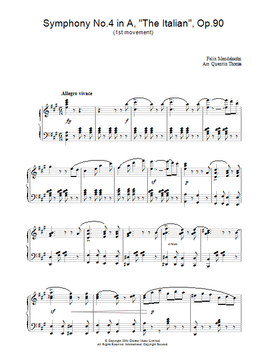 Learn to play Felix Mendelssohn Symphony No.4 in A, 'The Italian', Op.90 (1st Movement) sheet music for Piano in minutes. Felix Mendelssohn Symphony No.4 in A, 'The Italian', Op.90 (1st Movement) sheet music preview music notes and score for Piano including 3 page(s)
