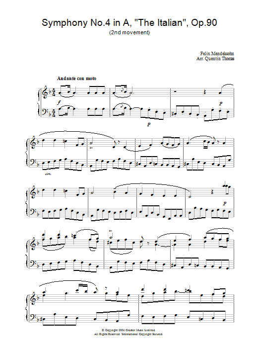 Learn to play Felix Mendelssohn Symphony No.4 in A, 'The Italian', Op.90 (2nd Movement) sheet music for Piano in minutes. Felix Mendelssohn Symphony No.4 in A, 'The Italian', Op.90 (2nd Movement) sheet music preview music notes and score for Piano including 3 page(s)