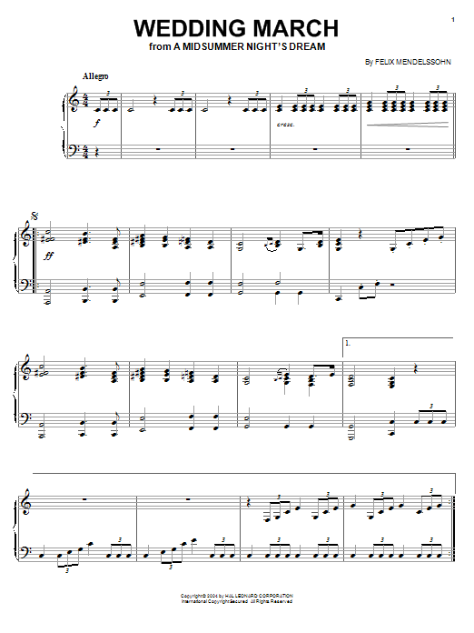 Learn to play Felix Mendelssohn Wedding March (from A Midsummer Night's Dream) sheet music for Beginner Piano in minutes. Felix Mendelssohn Wedding March (from A Midsummer Night's Dream) sheet music notes and chords