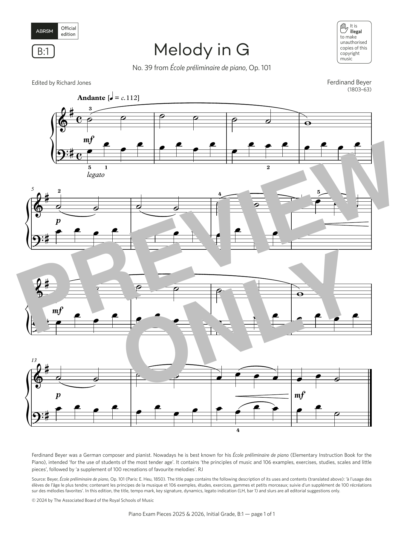 Ferdinand Beyer Melody in G (Grade Initial, list B1, from the ABRSM Piano Syllabus 2025 & 2026) sheet music, chords, lyrics - Printable PDF for Piano Solo