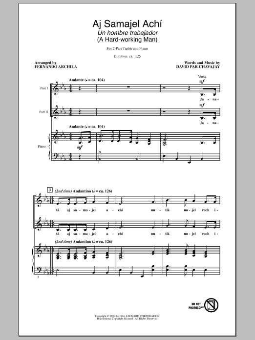Fernando Archila Aj Samajel Achí (Un Hombre Trabajador - A Hard-Working Man) sheet music, chords, lyrics - Printable PDF for 2-Part Choir