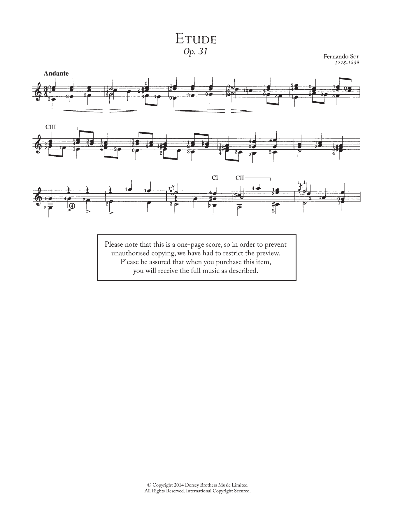 Fernando Sor Etude, Op.31 sheet music, chords, lyrics - Printable PDF for Guitar