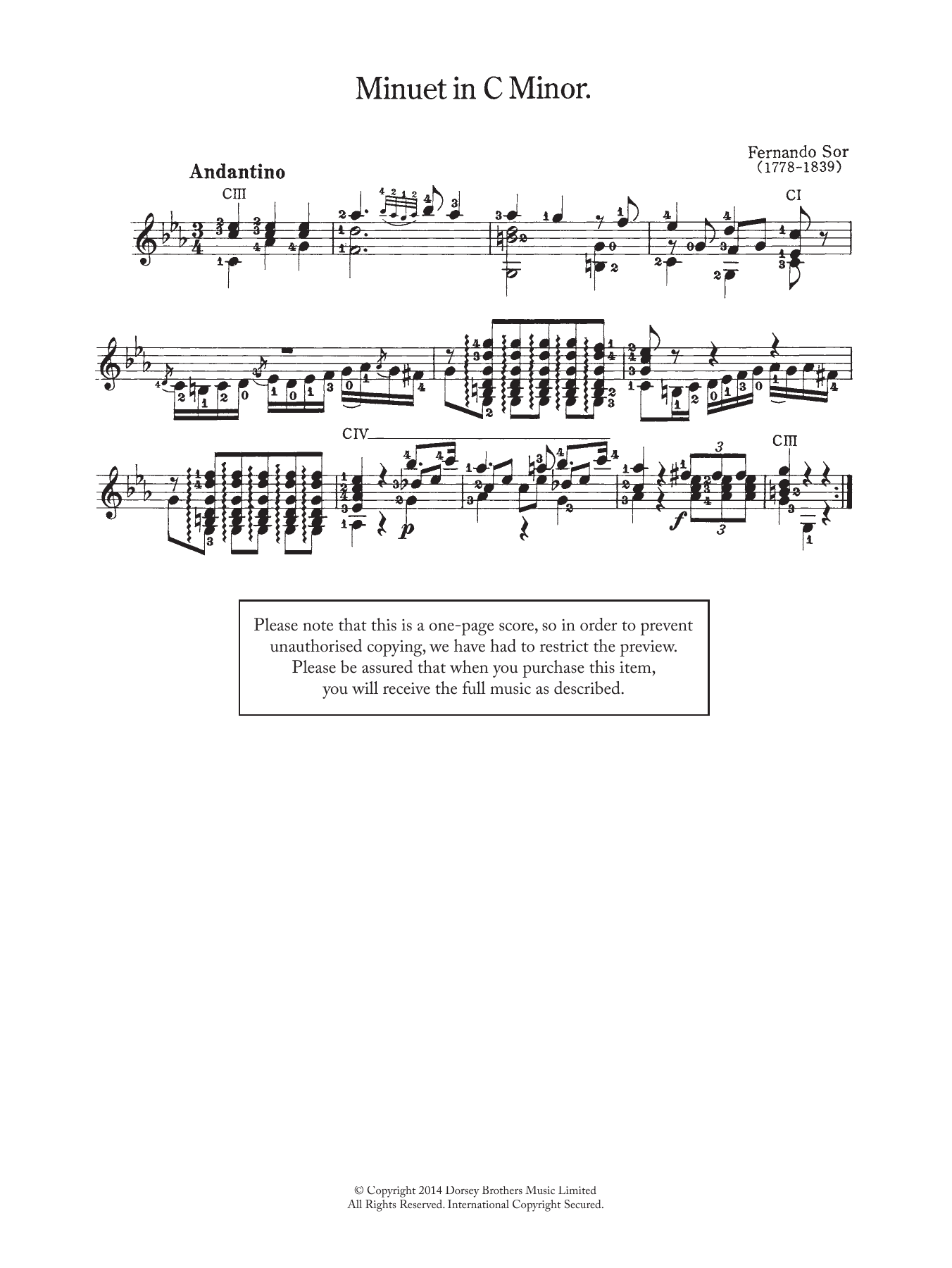 Fernando Sor Minuet In C Minor sheet music, chords, lyrics - Printable PDF for Guitar
