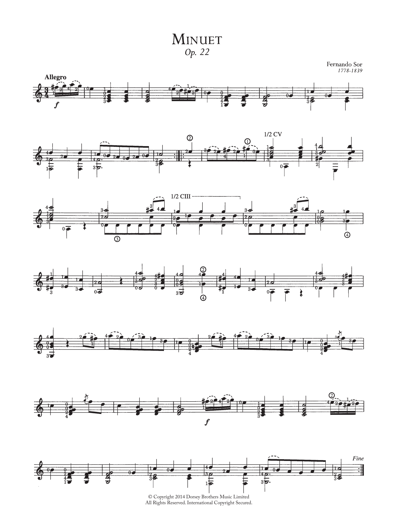 Fernando Sor Minuet, Op.22 sheet music, chords, lyrics - Printable PDF for Guitar