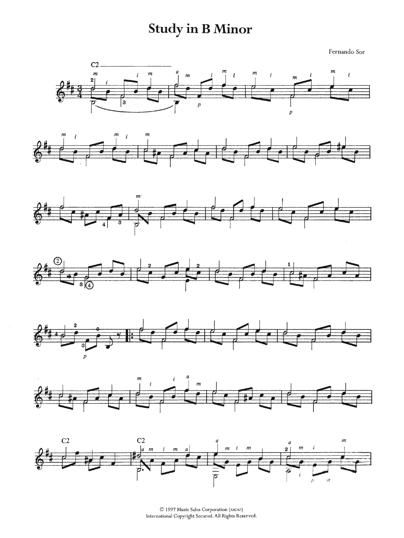 Fernando Sor Study In B Minor sheet music, chords, lyrics - Printable PDF for Guitar