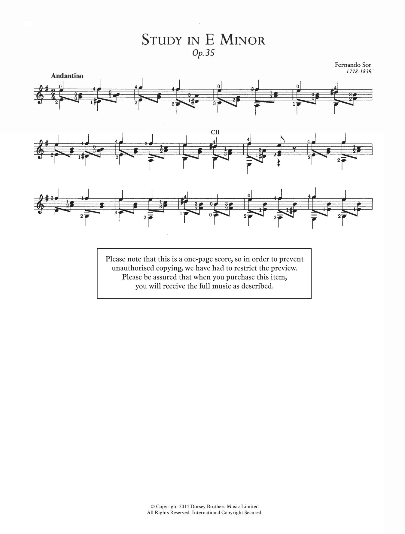 Fernando Sor Study In E Minor, Op.35 sheet music, chords, lyrics - Printable PDF for Guitar