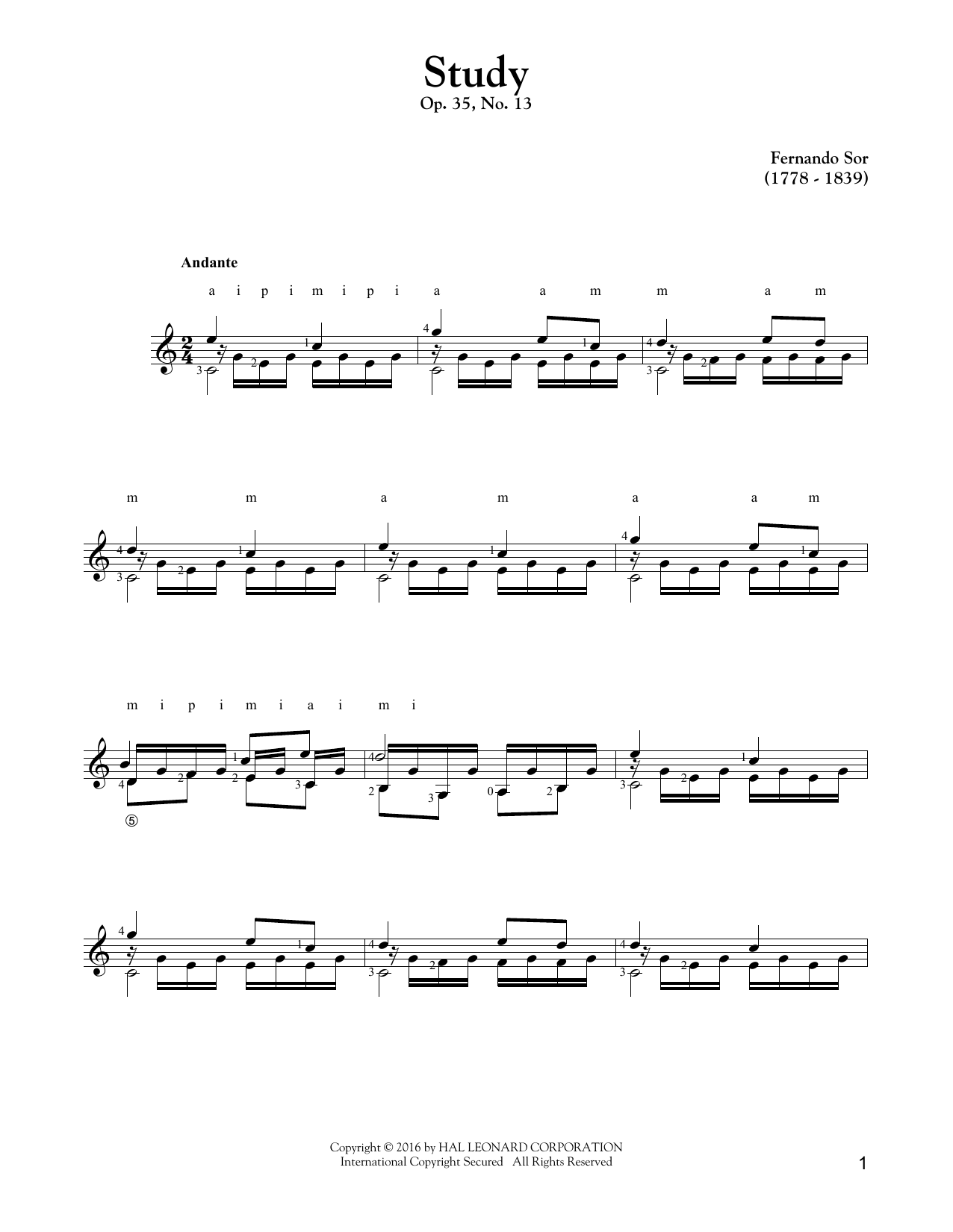 Fernando Sor Study Op. 35, No. 13 sheet music, chords, lyrics - Printable PDF for Guitar Tab