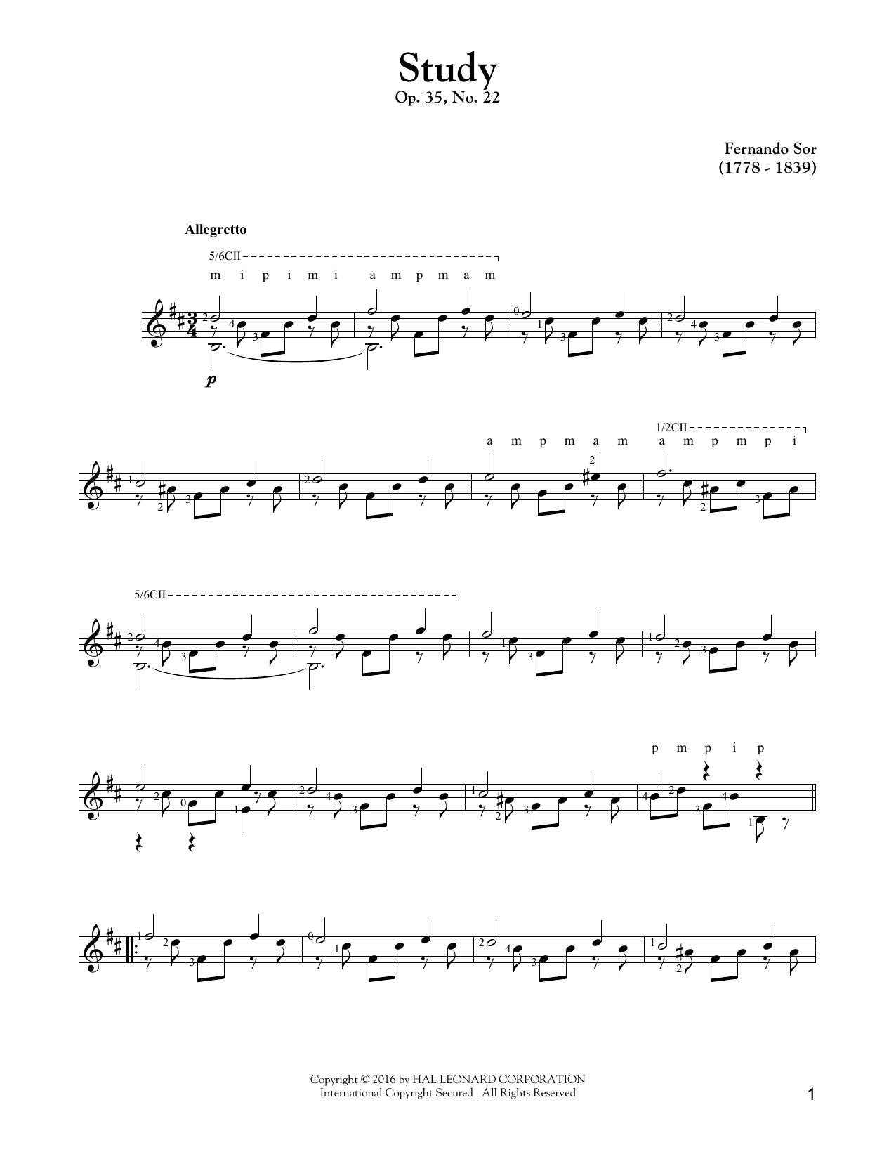 Fernando Sor Study Op. 35, No. 22 sheet music, chords, lyrics - Printable PDF for Guitar Tab