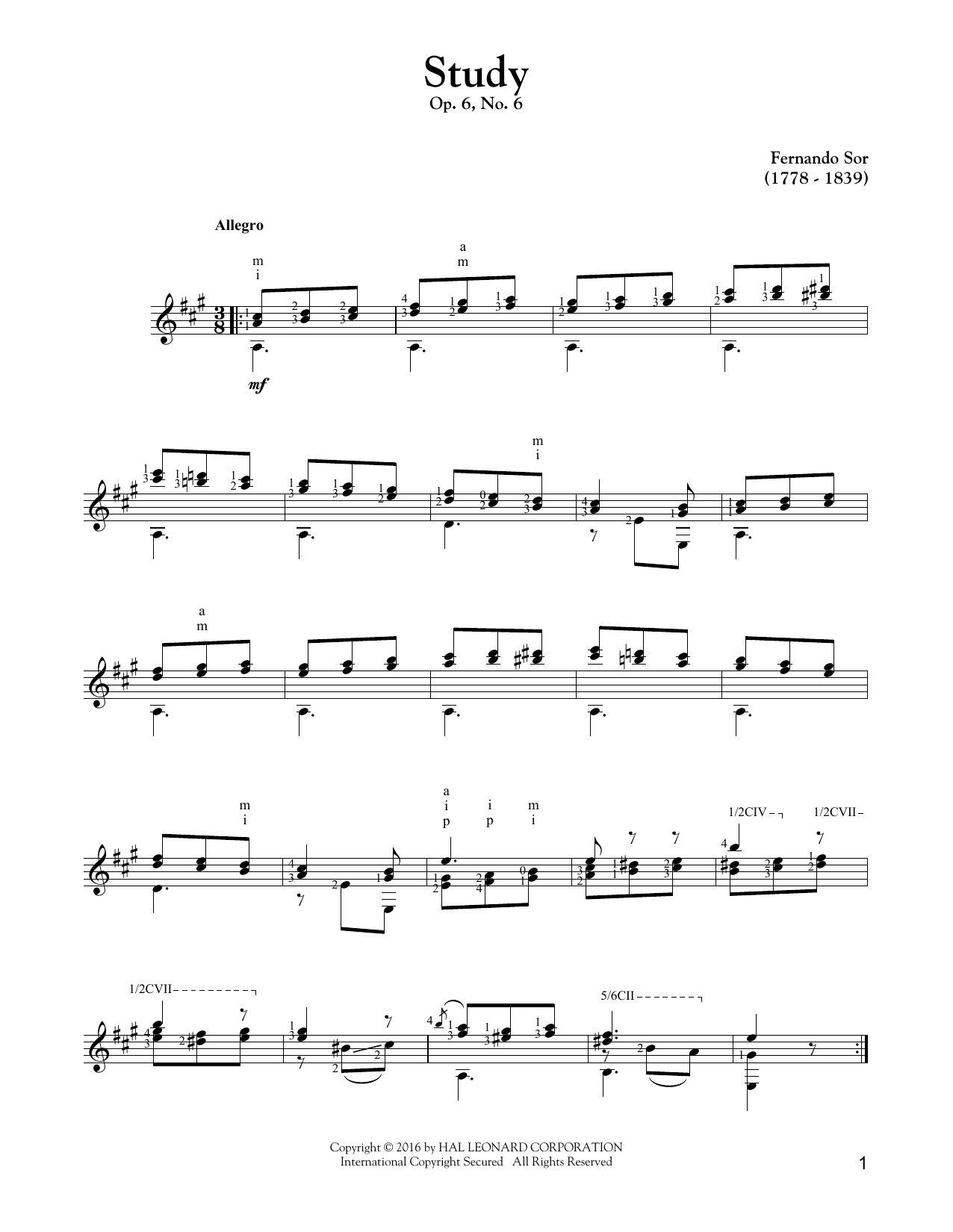 Fernando Sor Study Op. 6, No. 6 sheet music, chords, lyrics - Printable PDF for Guitar Tab