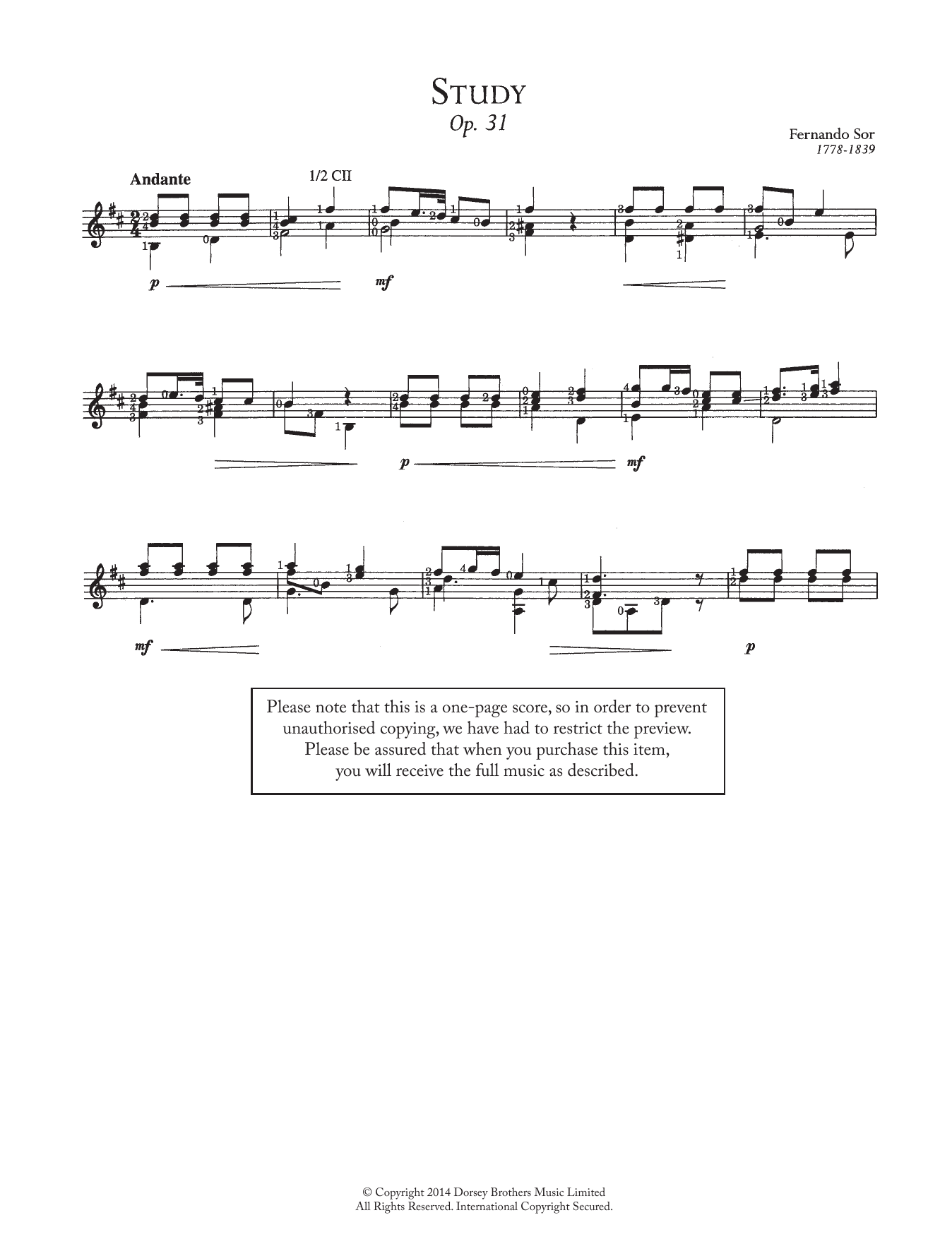 Fernando Sor Study, Op.31 sheet music, chords, lyrics - Printable PDF for Guitar