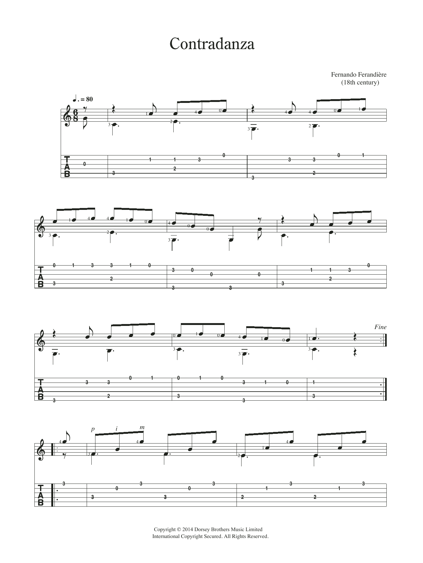 Learn to play Fernando Ferandiere Contradanza sheet music for Guitar in minutes. Fernando Ferandiere Contradanza sheet music preview music notes and score for Guitar including 2 page(s)