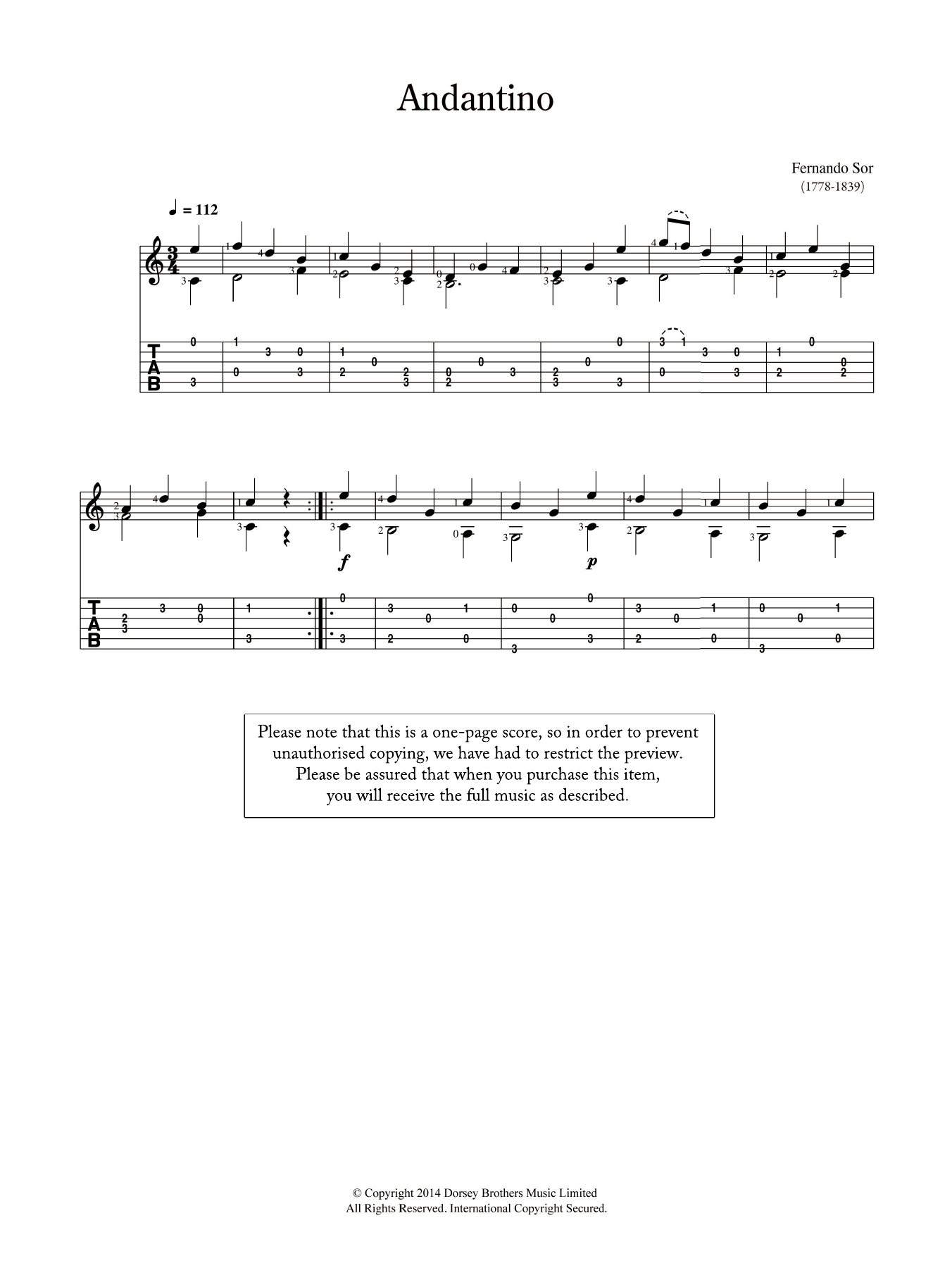 Learn to play Fernando Sor Andantino sheet music for Solo Guitar Tab in minutes. Fernando Sor Andantino sheet music preview music notes and score for Solo Guitar Tab including 2 page(s)