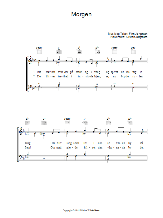Finn Jorgensen Morgen sheet music preview music notes and score for Piano, Vocal & Guitar (Right-Hand Melody) including 2 page(s)