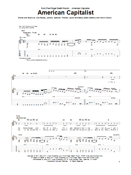 Five Finger Death Punch American Capitalist sheet music, chords, lyrics - Printable PDF for Guitar Tab