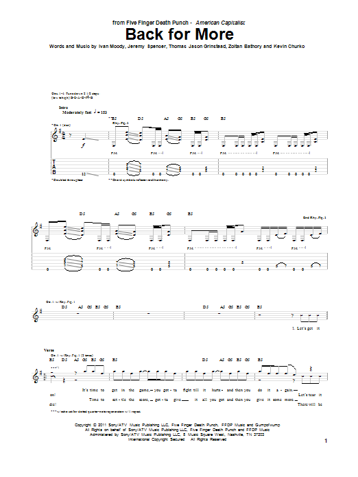 Five Finger Death Punch Back For More sheet music, chords, lyrics - Printable PDF for Guitar Tab
