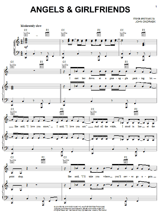Five For Fighting Angels & Girlfriends sheet music, chords, lyrics - Printable PDF for Piano, Vocal & Guitar (Right-Hand Melody)
