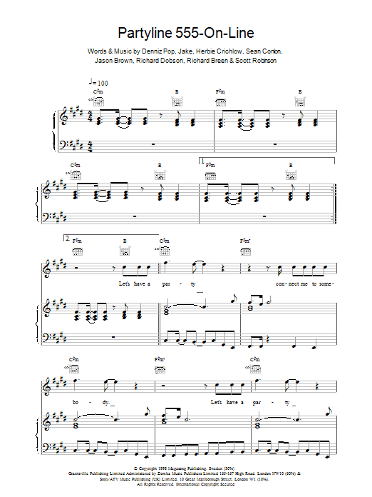 Five Partyline 555 On Line sheet music preview music notes and score for Piano, Vocal & Guitar including 6 page(s)
