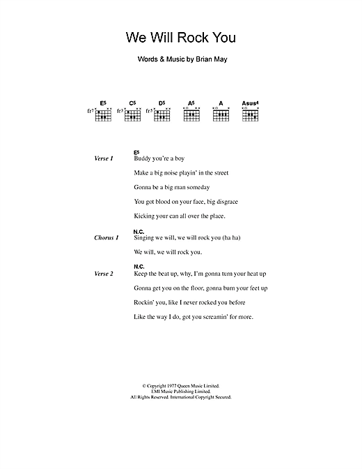 Learn to play Five We Will Rock You sheet music for Lyrics & Chords in minutes. Five We Will Rock You sheet music notes and chords