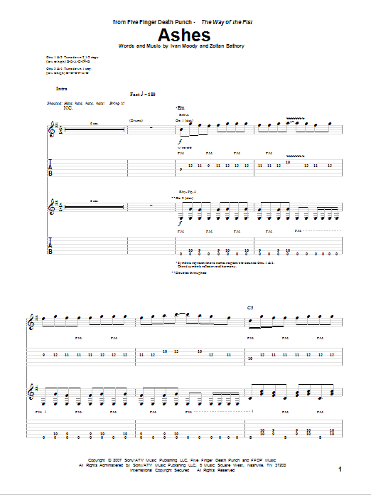 Five Finger Death Punch Ashes sheet music preview music notes and score for Guitar Tab including 9 page(s)