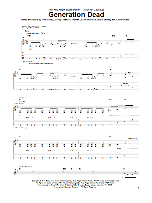 Learn to play Five Finger Death Punch Generation Dead sheet music for Guitar Tab in minutes. Five Finger Death Punch Generation Dead sheet music preview music notes and score for Guitar Tab including 6 page(s)