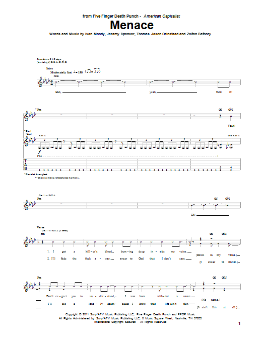 Learn to play Five Finger Death Punch Menace sheet music for Guitar Tab in minutes. Five Finger Death Punch Menace sheet music preview music notes and score for Guitar Tab including 5 page(s)