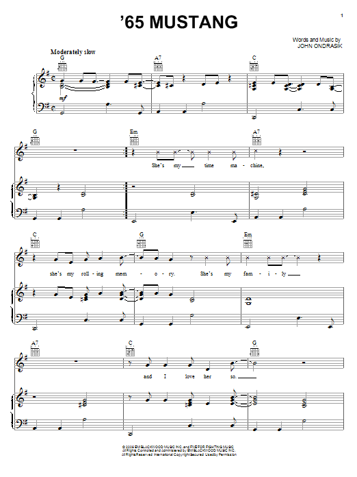 Learn to play Five For Fighting '65 Mustang sheet music for Piano, Vocal & Guitar (Right-Hand Melody) in minutes. Five For Fighting '65 Mustang sheet music preview music notes and score for Piano, Vocal & Guitar (Right-Hand Melody) including 11 page(s)