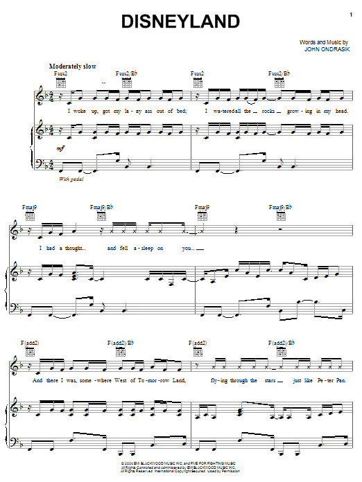 Learn to play Five For Fighting Disneyland sheet music for Piano, Vocal & Guitar (Right-Hand Melody) in minutes. Five For Fighting Disneyland sheet music notes and chords