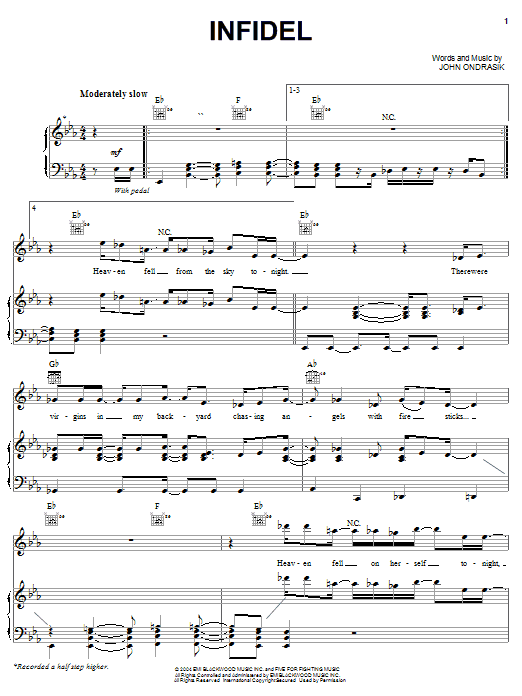 Learn to play Five For Fighting Infidel sheet music for Piano, Vocal & Guitar (Right-Hand Melody) in minutes. Five For Fighting Infidel sheet music preview music notes and score for Piano, Vocal & Guitar (Right-Hand Melody) including 8 page(s)