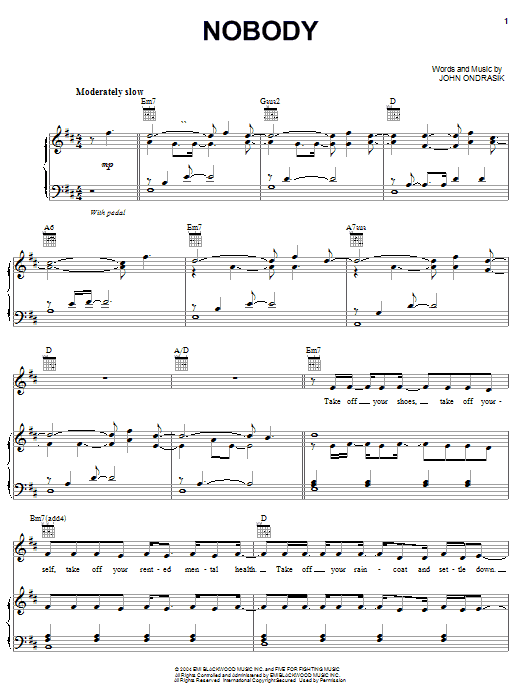 Learn to play Five For Fighting Nobody sheet music for Piano, Vocal & Guitar (Right-Hand Melody) in minutes. Five For Fighting Nobody sheet music preview music notes and score for Piano, Vocal & Guitar (Right-Hand Melody) including 9 page(s)