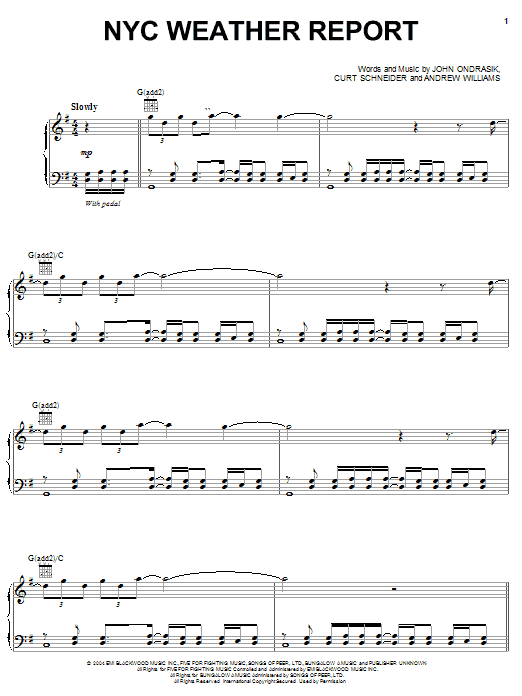 Learn to play Five For Fighting NYC Weather Report sheet music for Piano, Vocal & Guitar (Right-Hand Melody) in minutes. Five For Fighting NYC Weather Report sheet music preview music notes and score for Piano, Vocal & Guitar (Right-Hand Melody) including 7 page(s)