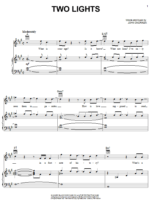 Learn to play Five For Fighting Two Lights sheet music for Piano, Vocal & Guitar (Right-Hand Melody) in minutes. Five For Fighting Two Lights sheet music preview music notes and score for Piano, Vocal & Guitar (Right-Hand Melody) including 11 page(s)