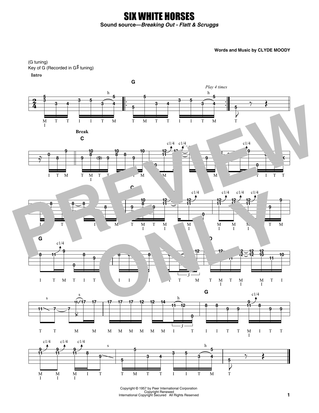 Flatt & Scruggs Six White Horses sheet music, chords, lyrics - Printable PDF for Banjo Tab